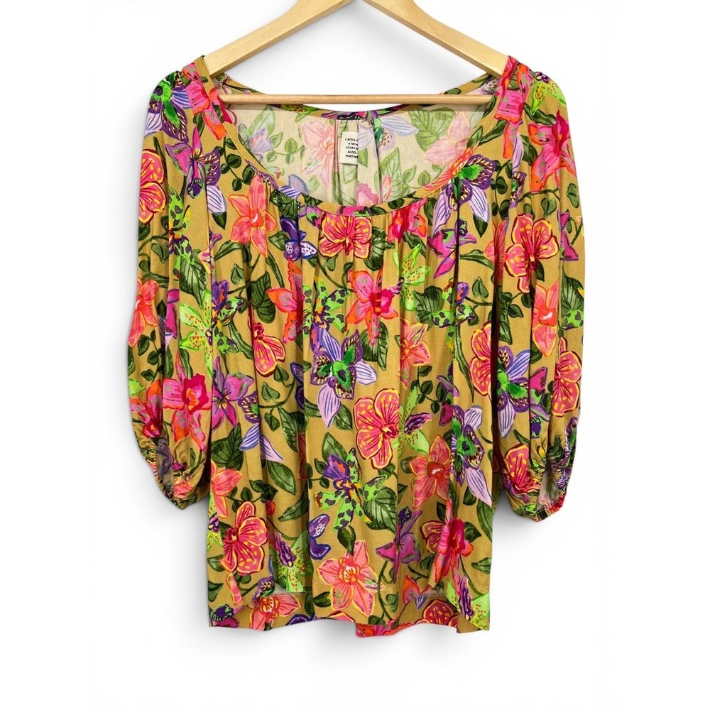 Capjuluca Aldo Martins Floral Puff Sleeve Blouse Mustard Pink Tropical Orchid M‎